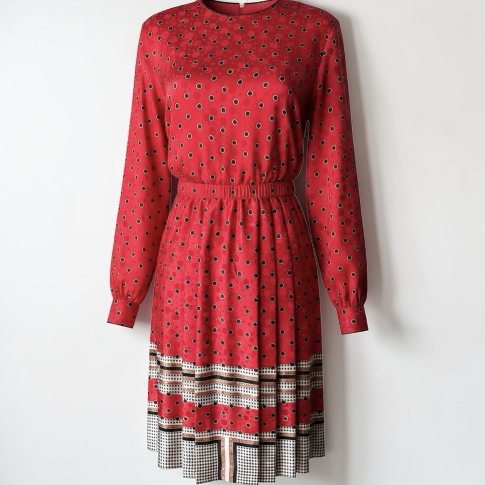 Vintage LIHLI Silk Blouse Skirt Set Red Polka Dot Gingham Border